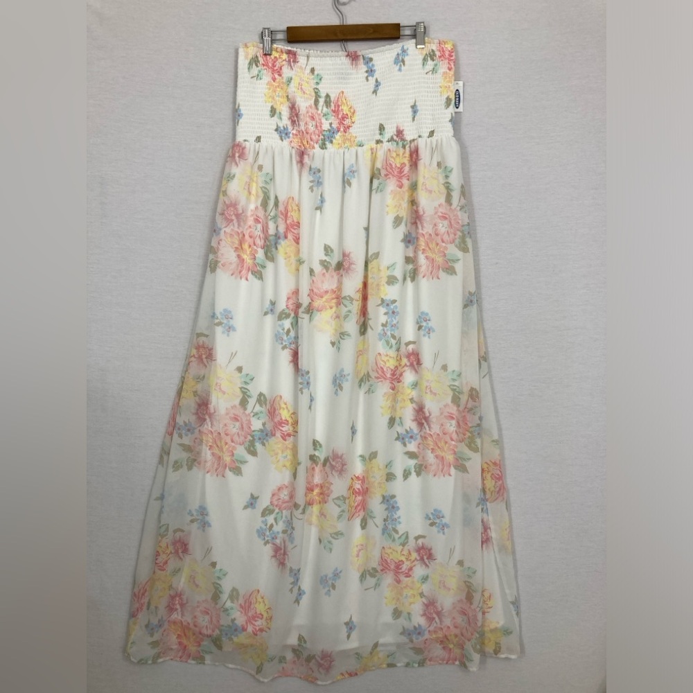 Old Navy White Floral Midi Dress with Pink Yellow Blue Flowers